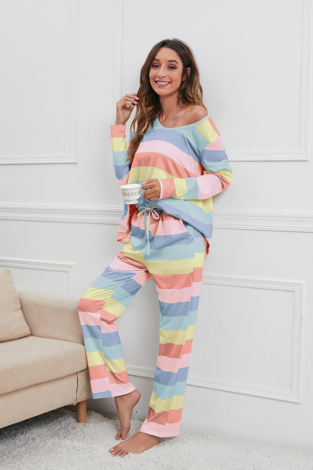 Striped Round Neck Long Sleeve Top and Drawstring Pants Lounge Set - The Boutie Shop