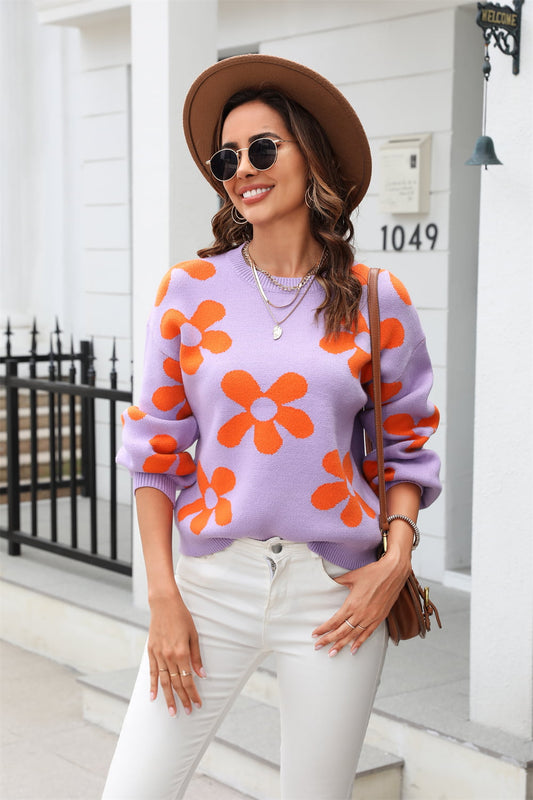 Angel Wings Floral Print Round Neck Dropped Shoulder Pullover Sweater - The Boutie Shop