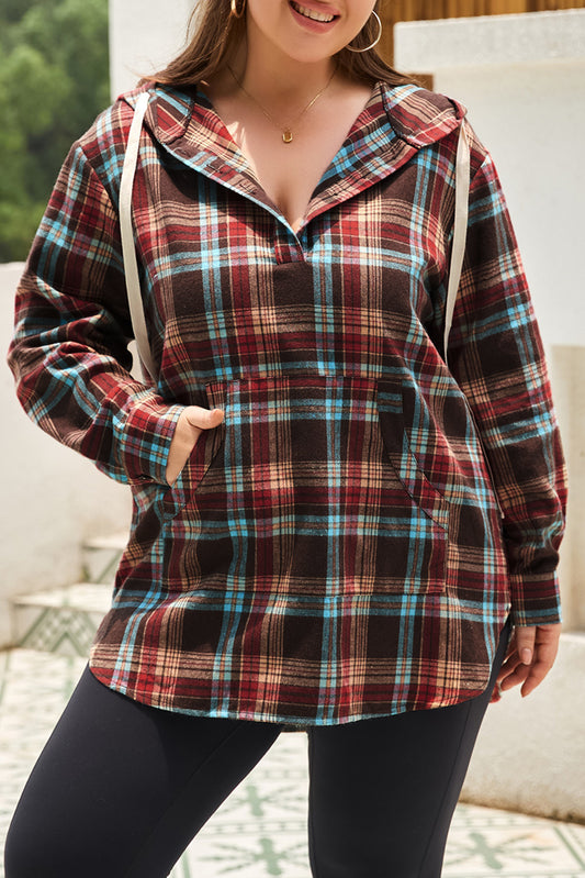 Plus Size Drawstring Plaid Quarter Button Hoodie - The Boutie Shop