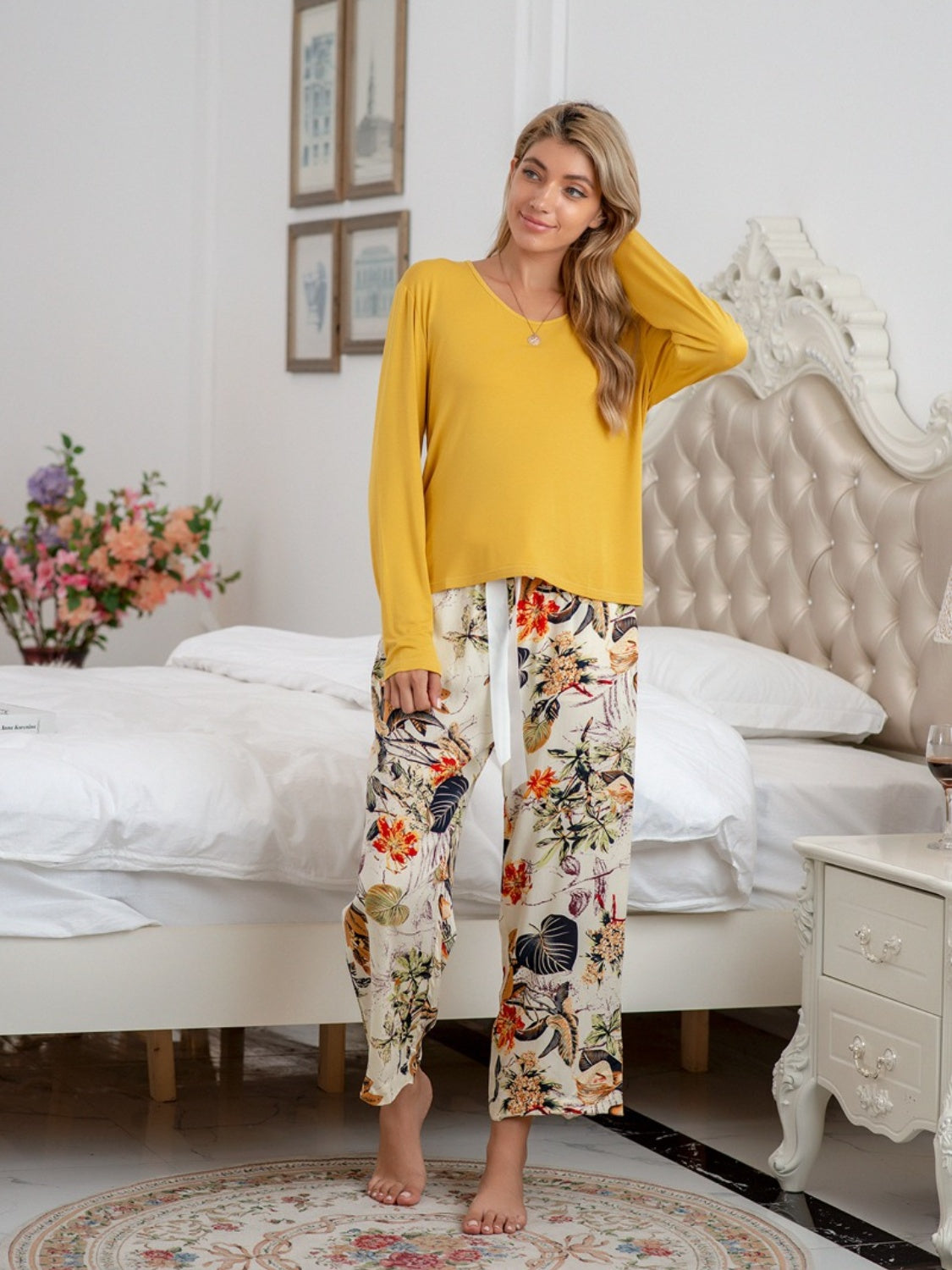 Round Neck Top and Printed Pants Lounge Set - The Boutie Shop