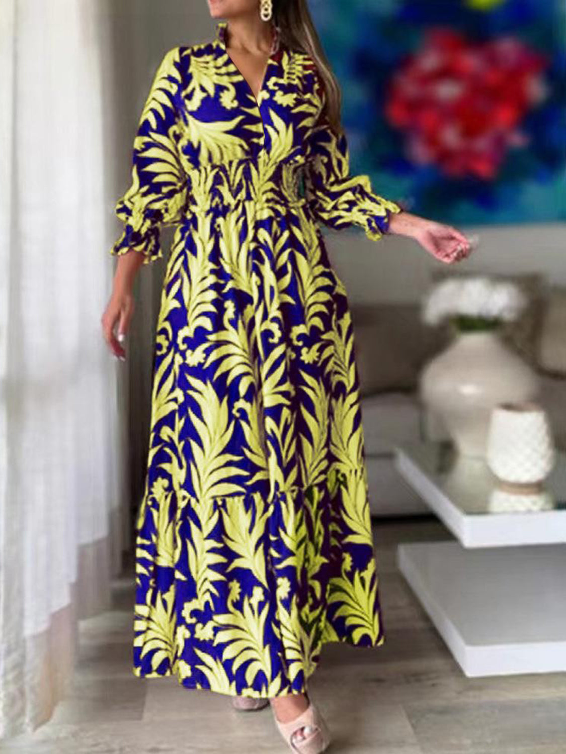 Printed Flounce Sleeve Maxi Dress - The Boutie Shop