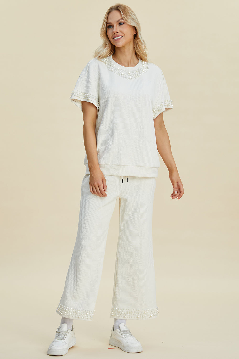 Double Take Full Size Pearl Detail Round Neck Top and Pants Set - The Boutie Shop