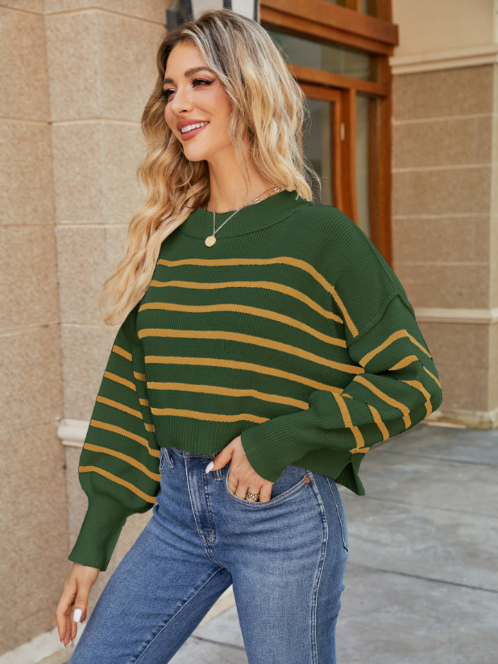 Round Neck Striped Lantern Sleeve Sweater - The Boutie Shop