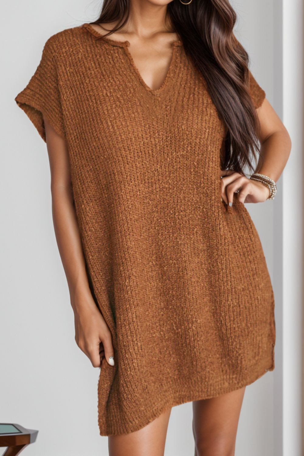 Notched Cap Sleeve Mini Sweater Dress - The Boutie Shop