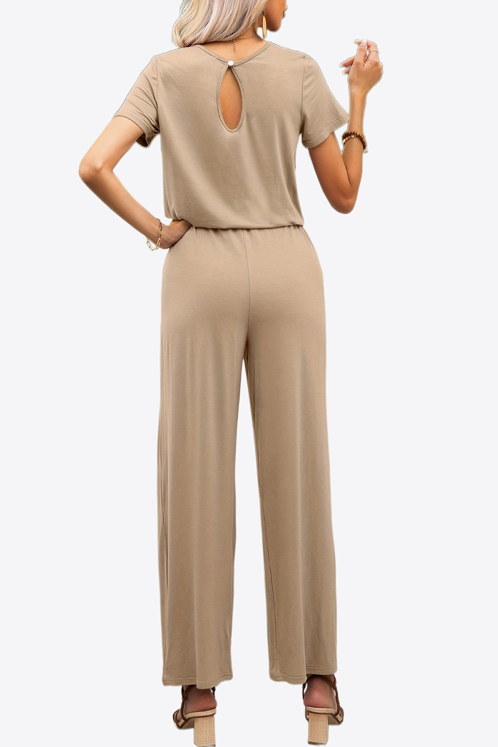 Round Neck Short Sleeve Jumpsuit with Pockets - The Boutie Shop