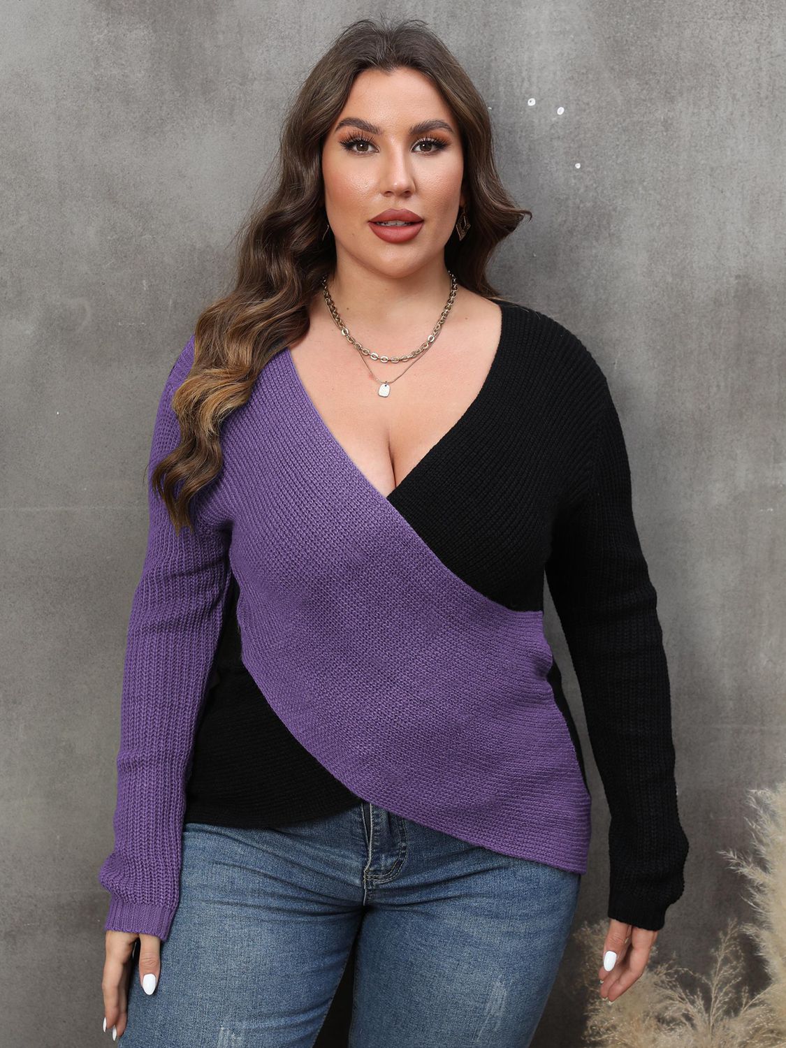 Plus Size Two-Tone Surplice Neck Sweater - The Boutie Shop