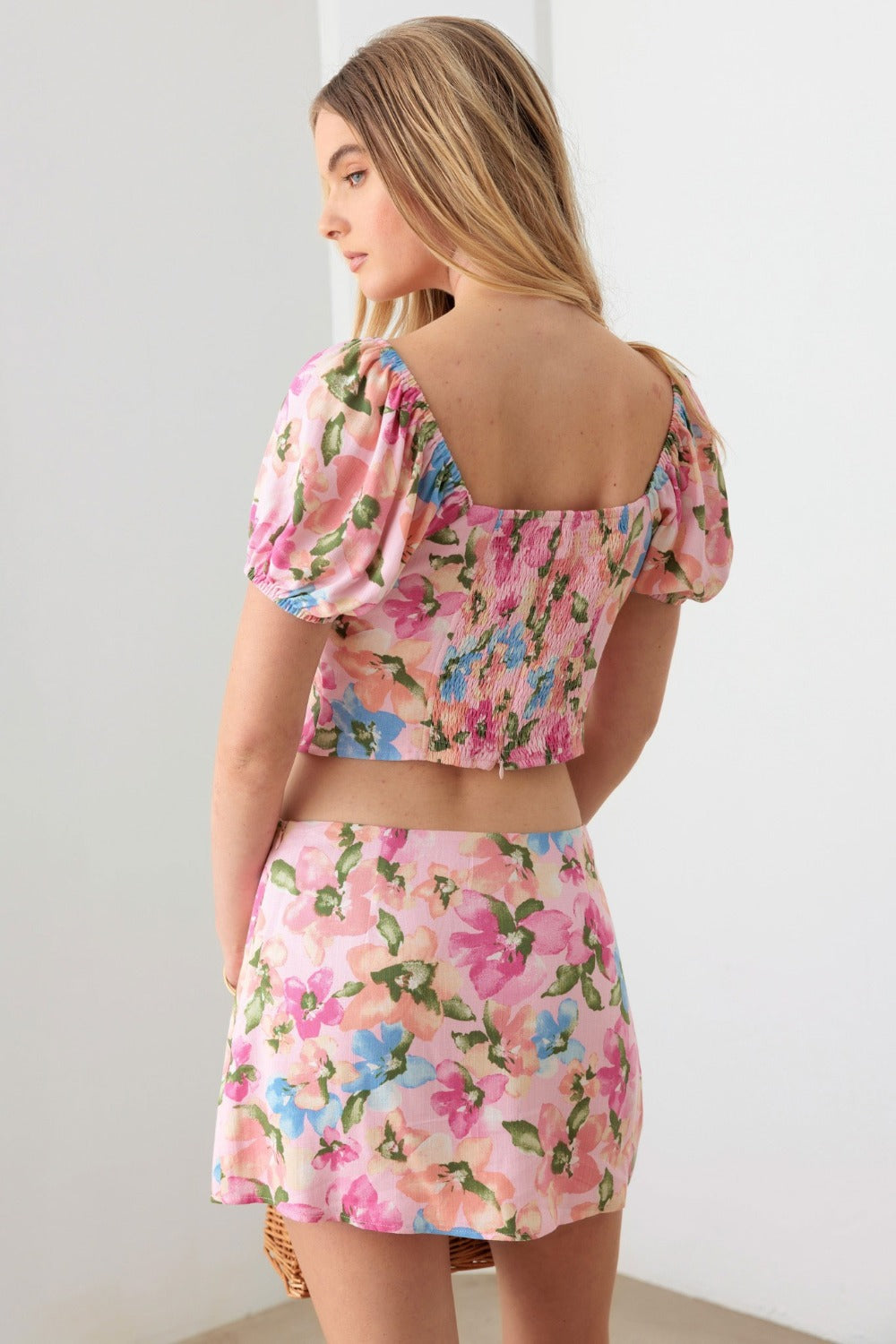 Le Lis Floral Puff Sleeve Crop Top and Mini Skirt Set - The Boutie Shop