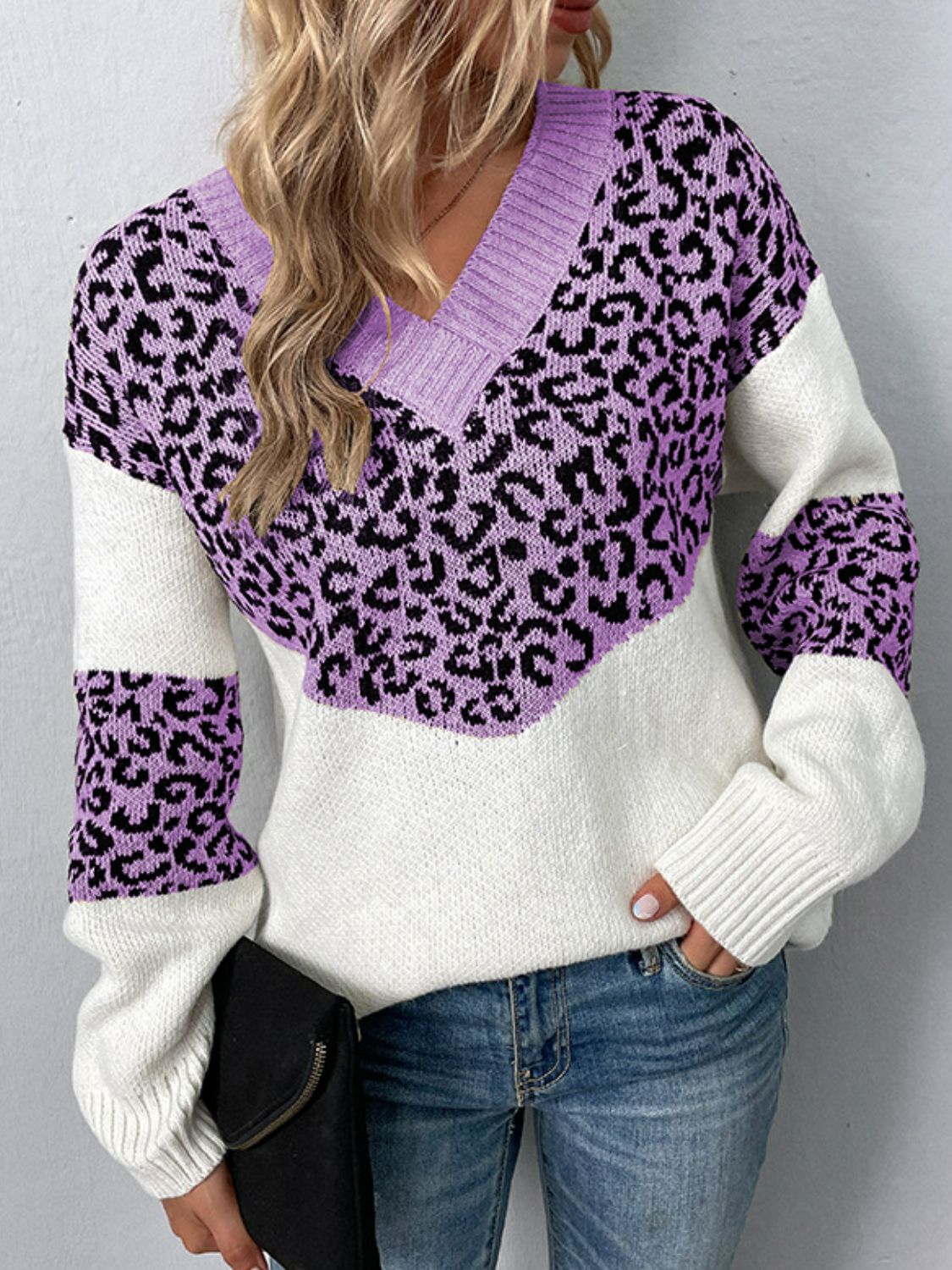 Leopard V-Neck Dropped Shoulder Sweater - The Boutie Shop