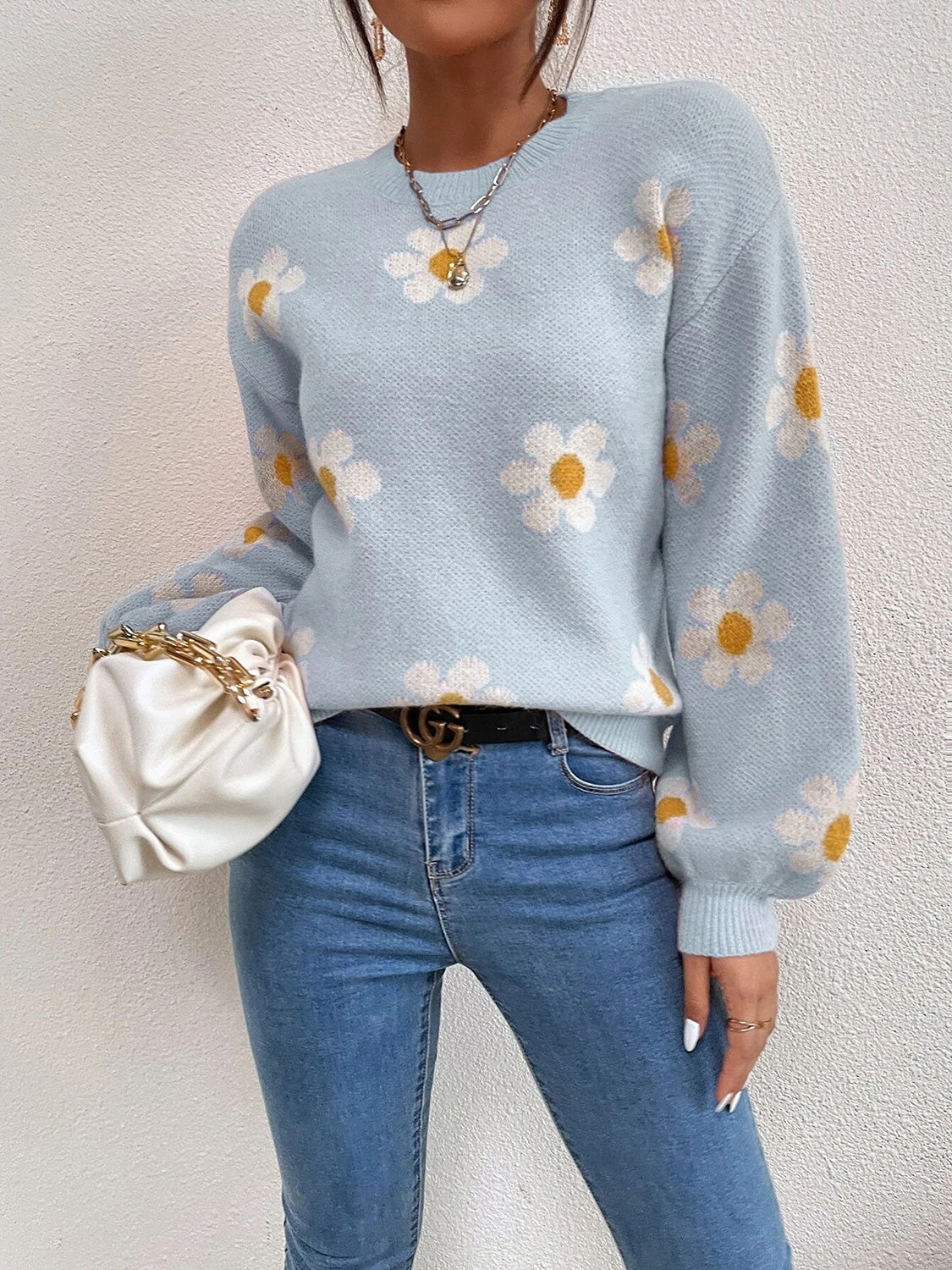 Flower Round Neck Latern Sleeve Sweater - The Boutie Shop