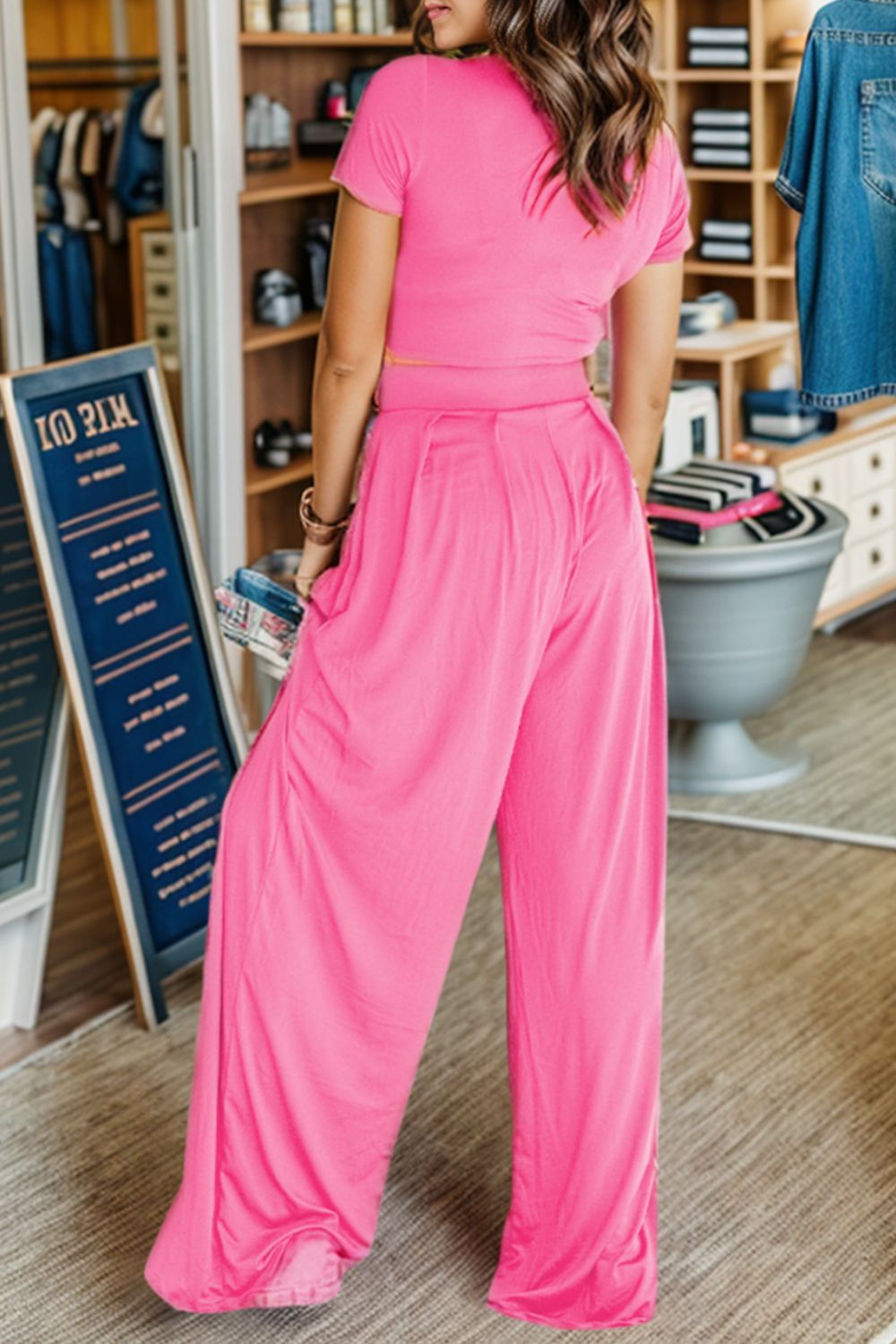 Short Sleeve Top and Wide Leg Pants Set - The Boutie Shop