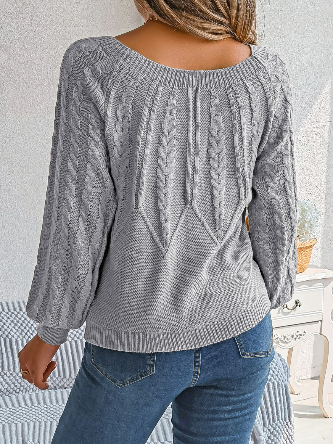 Cable-Knit Round Neck Long Sleeve Sweater - The Boutie Shop