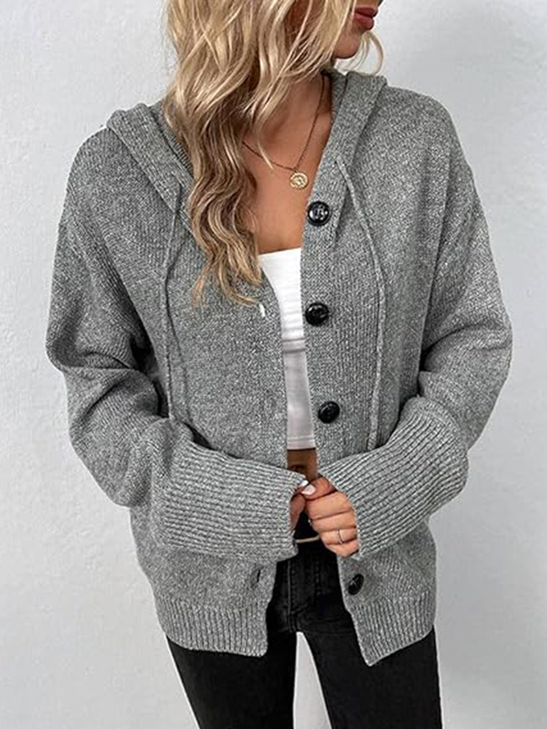 Button Up Drawstring Long Sleeve Hooded Cardigan - The Boutie Shop