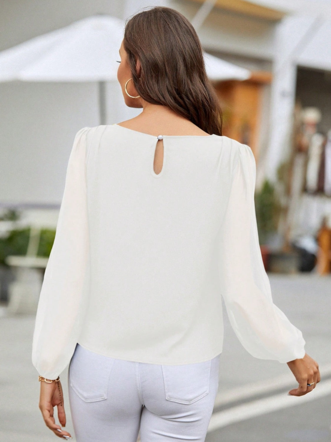 Round Neck Balloon Sleeve Blouse - The Boutie Shop