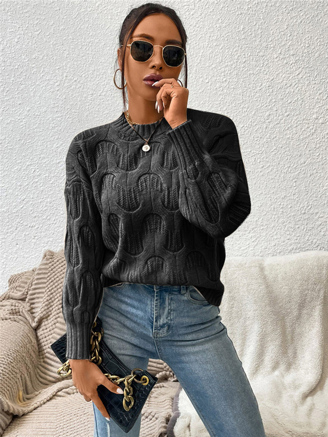 Round Neck Long Sleeve Sweater - The Boutie Shop