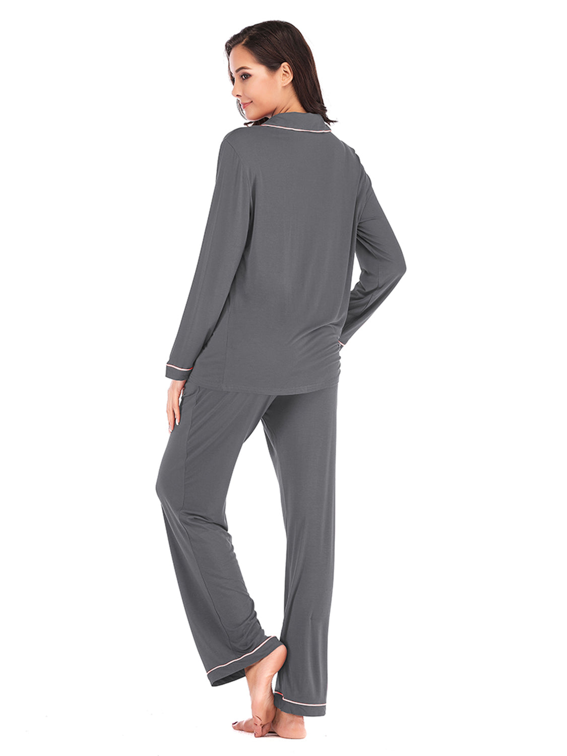 Collared Neck Long Sleeve Loungewear Set with Pockets - The Boutie Shop