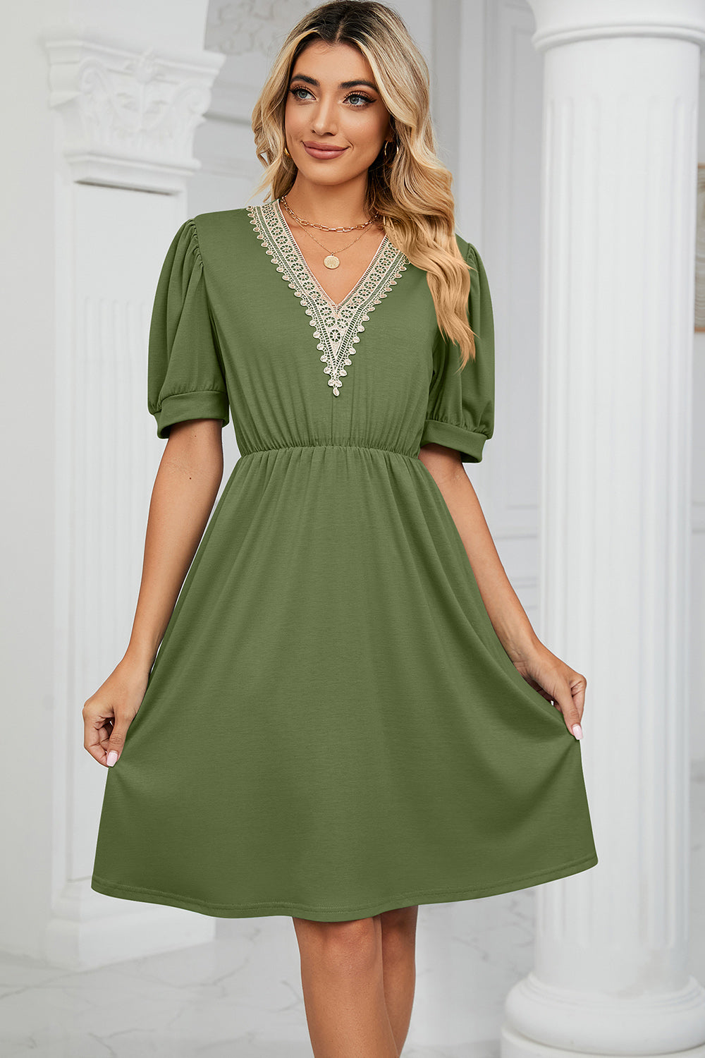 V-Neck Puff Sleeve Dress - The Boutie Shop