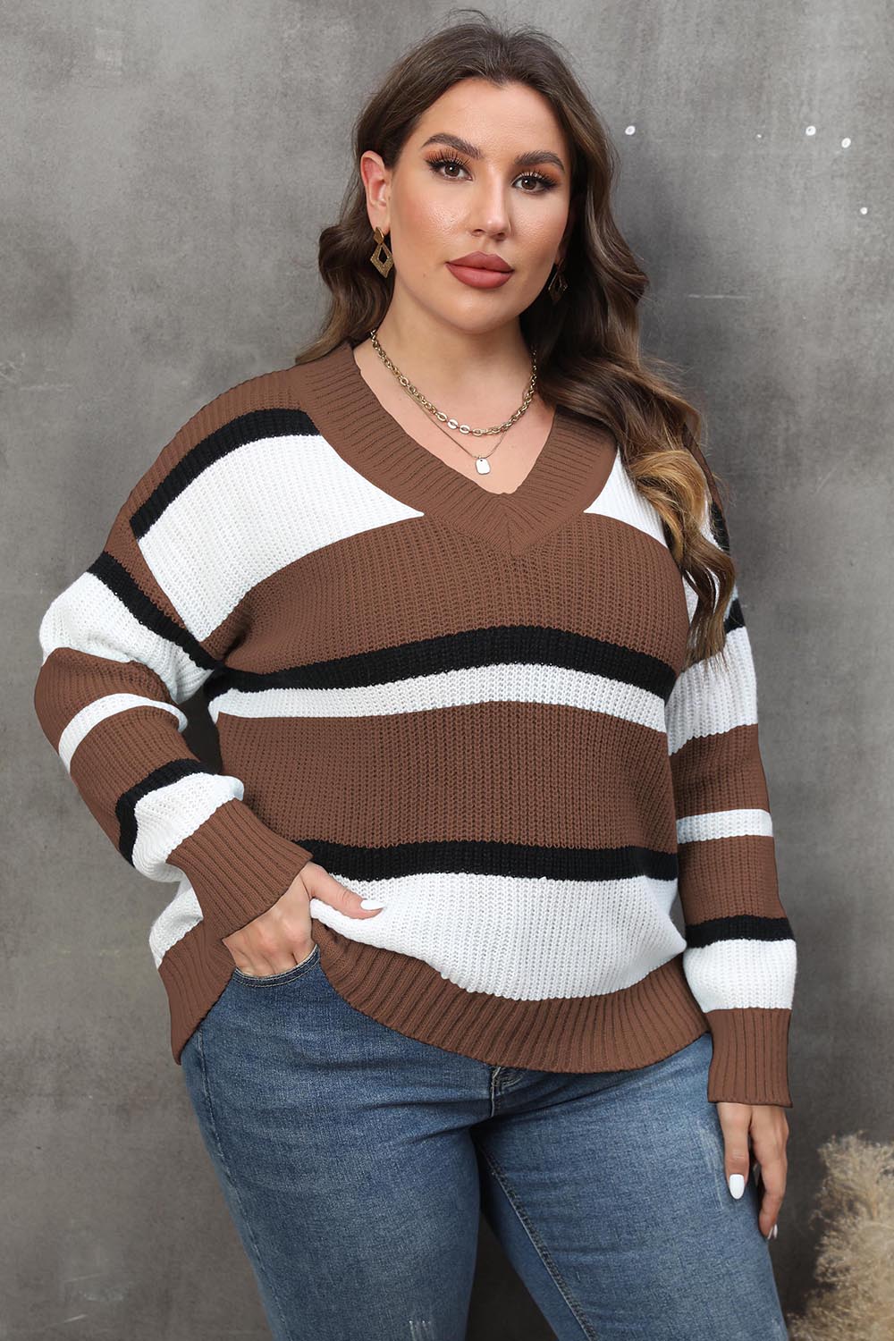 Plus Size Striped V-Neck Dropped Shoulder Sweater - The Boutie Shop