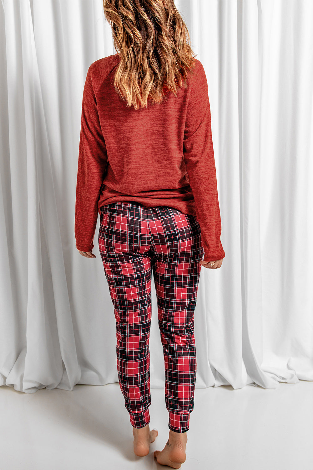 Round Neck Top and Drawstring Plaid Pants Lounge Set - The Boutie Shop