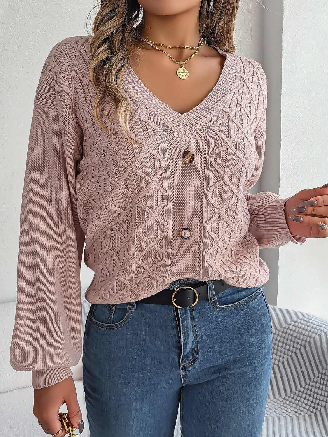 Cable-Knit V-Neck Lantern Sleeve Sweater - The Boutie Shop