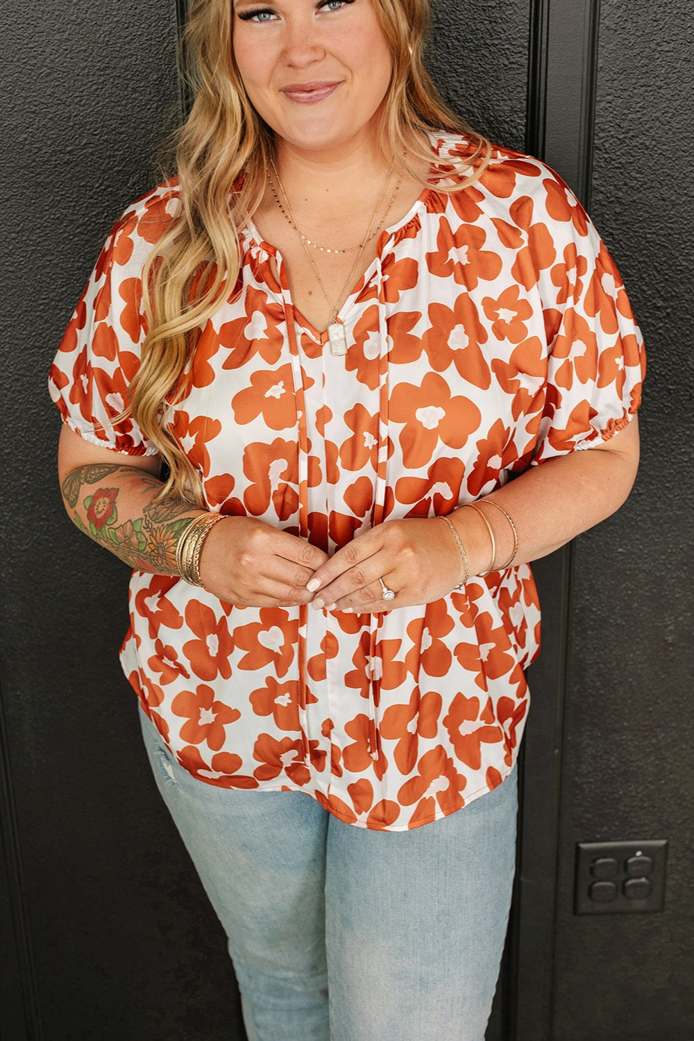 Plus Size Printed Tie Neck Short Sleeve Blouse - The Boutie Shop