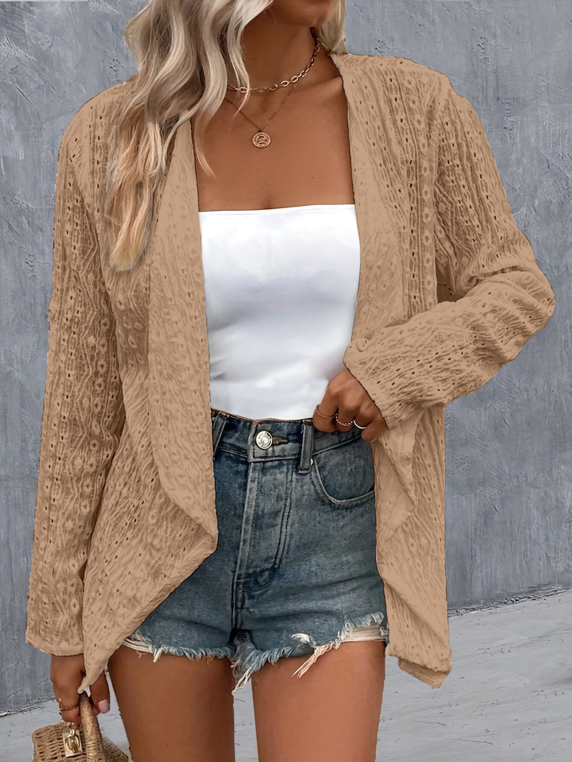 Eyelet Roll-Tab Sleeve Cardigan - The Boutie Shop