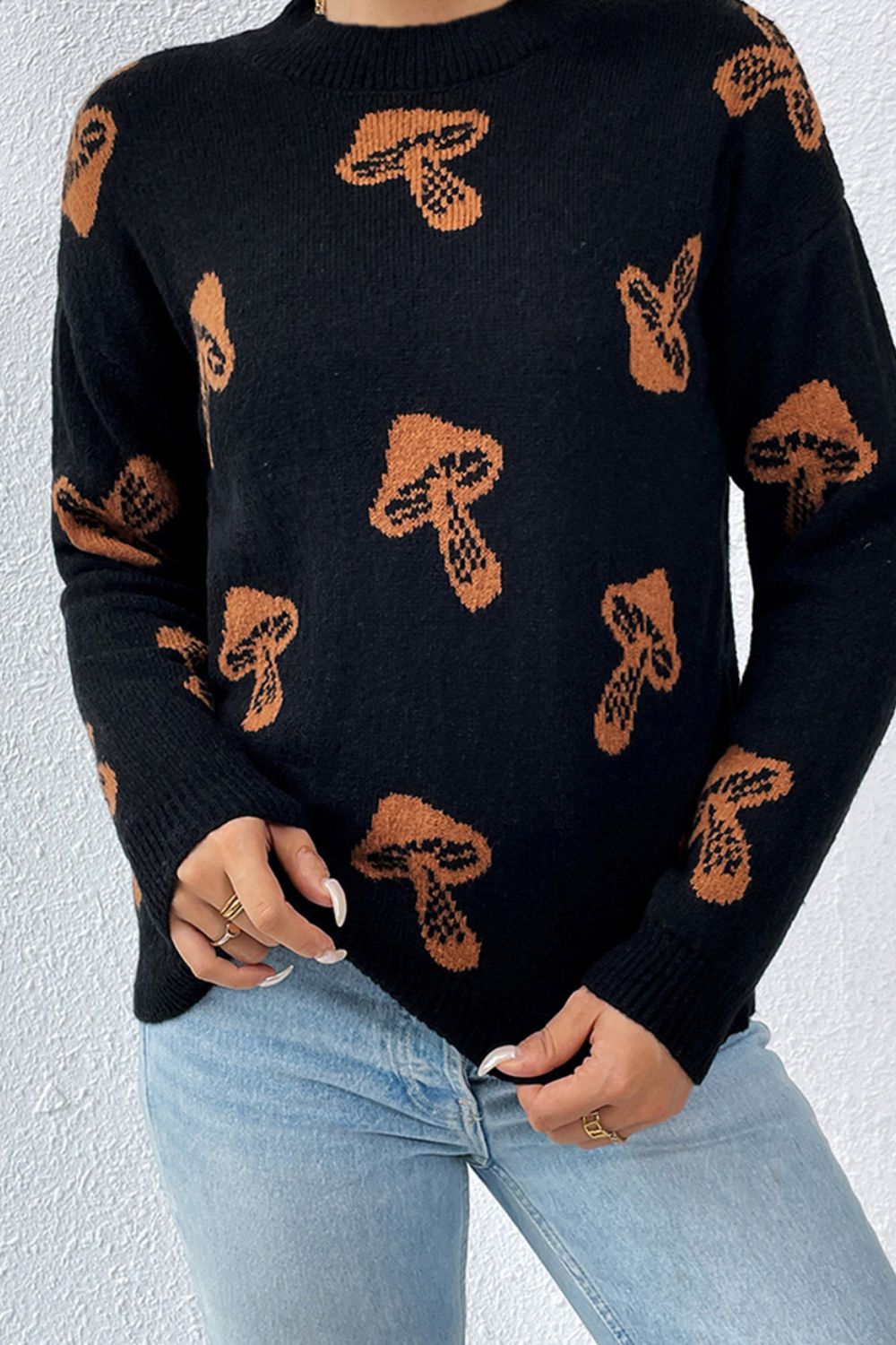 Graphic Mock Neck Dropped Shoulder Sweater - The Boutie Shop