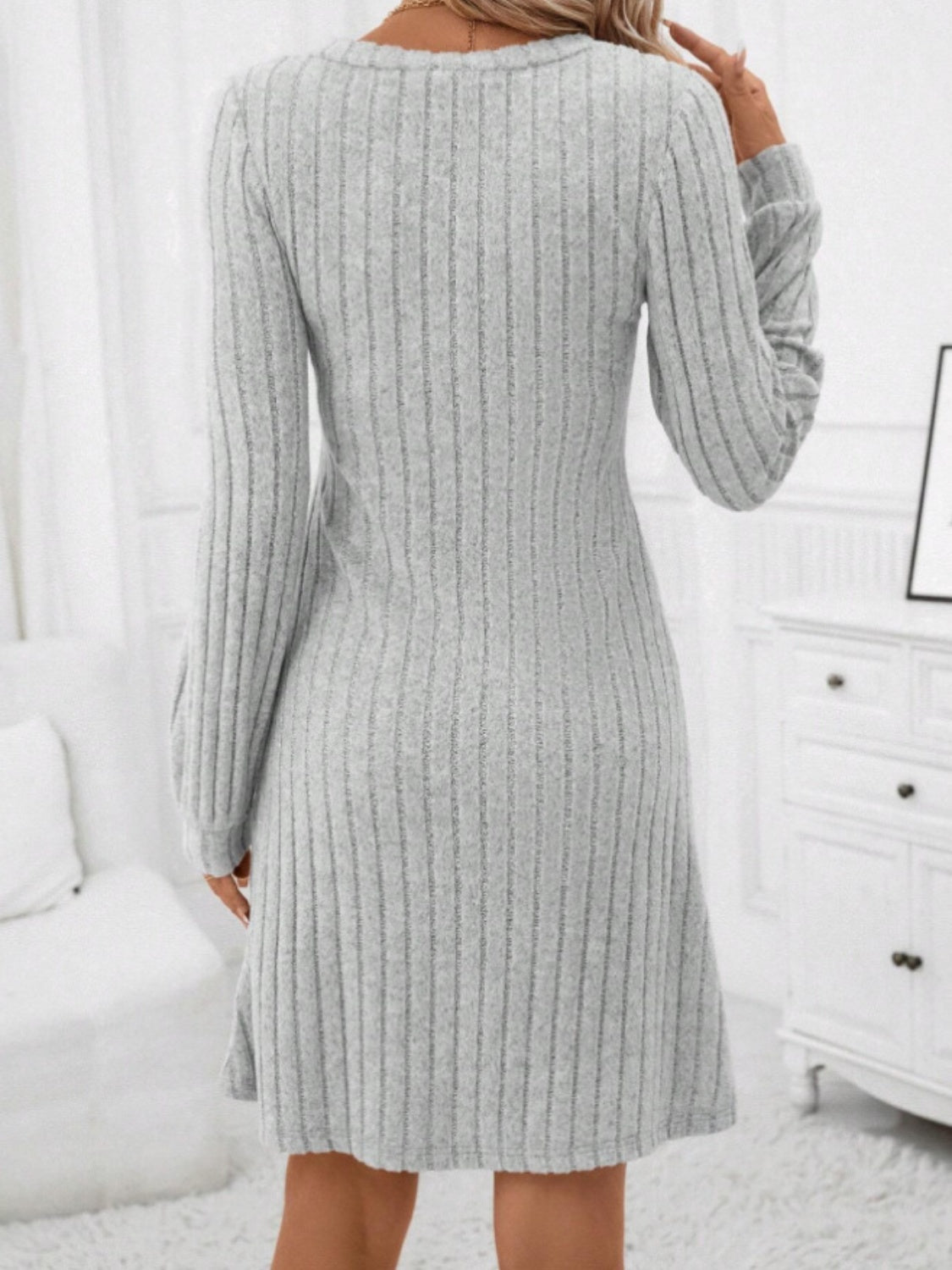 Ribbed V-Neck Long Sleeve Sweater Dress - The Boutie Shop