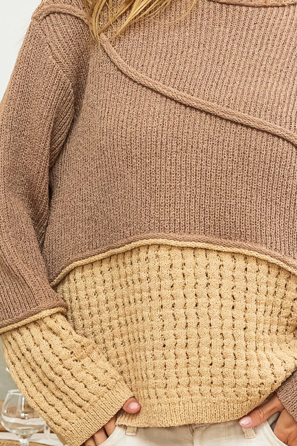 BiBi Texture Detail Contrast Drop Shoulder Sweater - The Boutie Shop