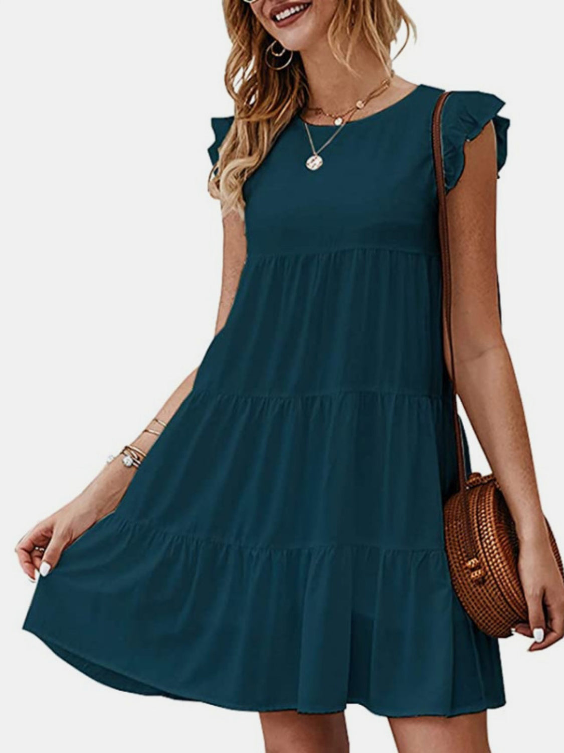 Ruffled Round Neck Cap Sleeve Mini Dress - The Boutie Shop