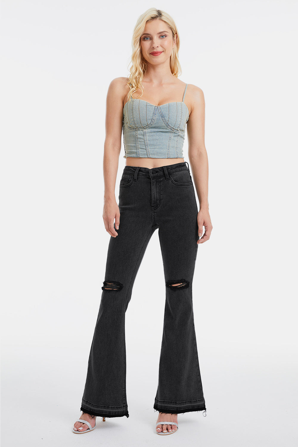 BAYEAS Full Size High Waist Distressed Raw Hem Flare Jeans - The Boutie Shop