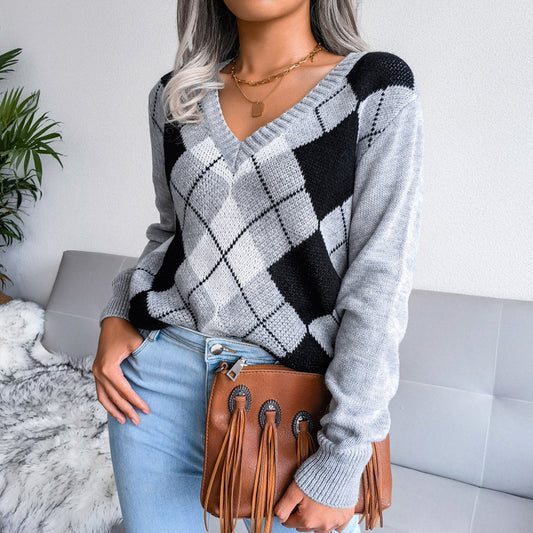 Geometric V-Neck Sweater - The Boutie Shop