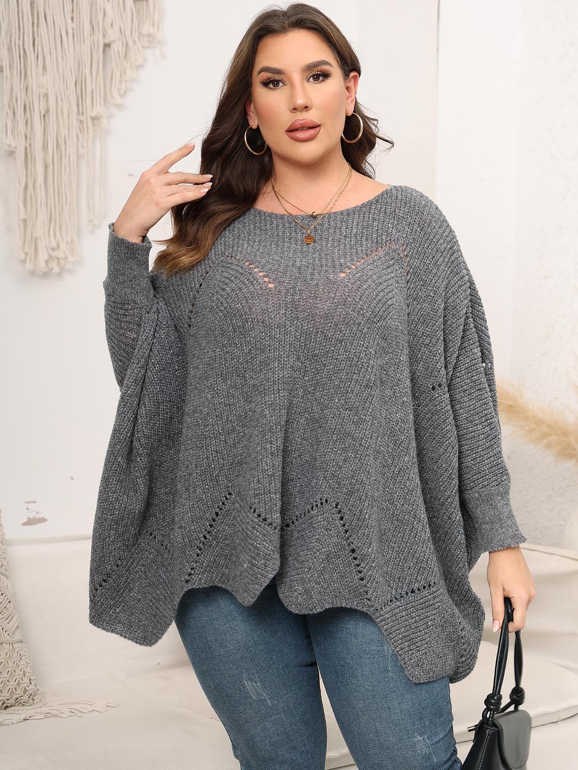 Plus Size Round Neck Batwing Sleeve Sweater - The Boutie Shop