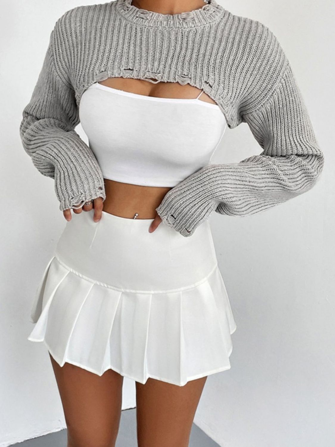 Distressed Long Sleeve Cropped Sweater - The Boutie Shop