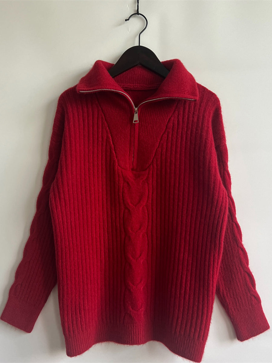 Ribbed Half Zip Long Sleeve Sweater - The Boutie Shop