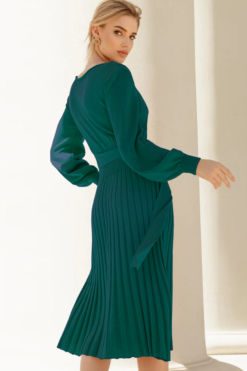 Round Neck Long Sleeve Pleated Sweater Dress - The Boutie Shop