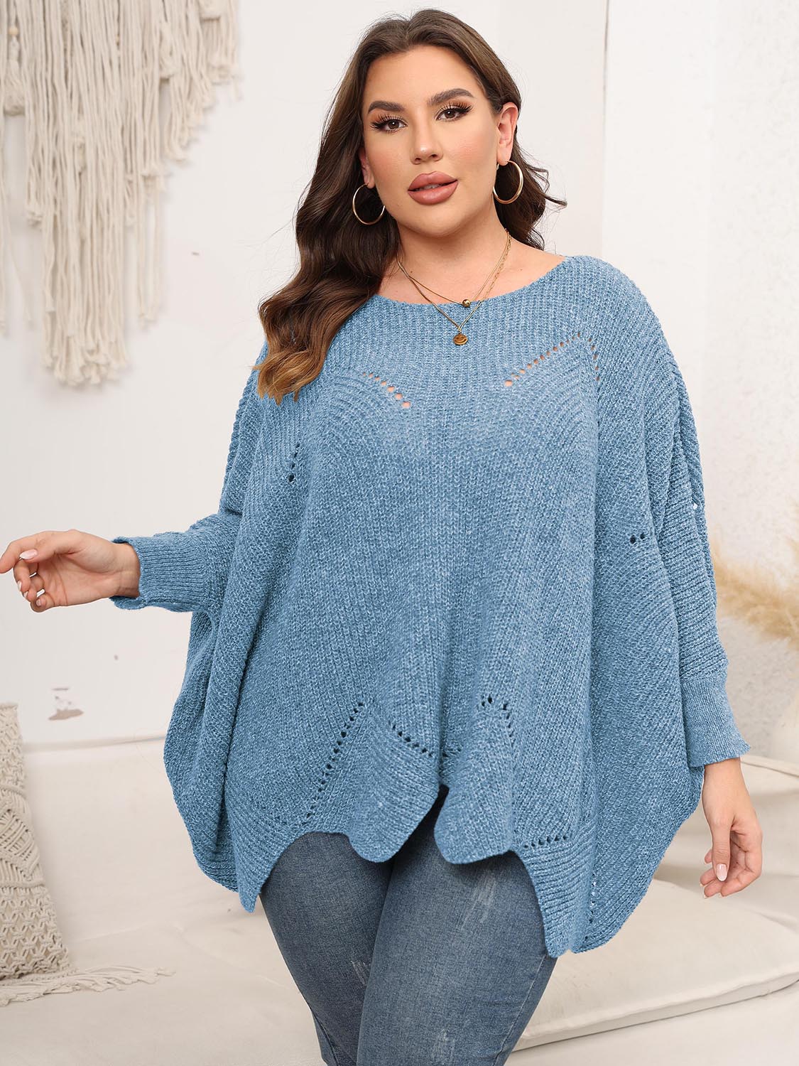 Plus Size Round Neck Batwing Sleeve Sweater - The Boutie Shop