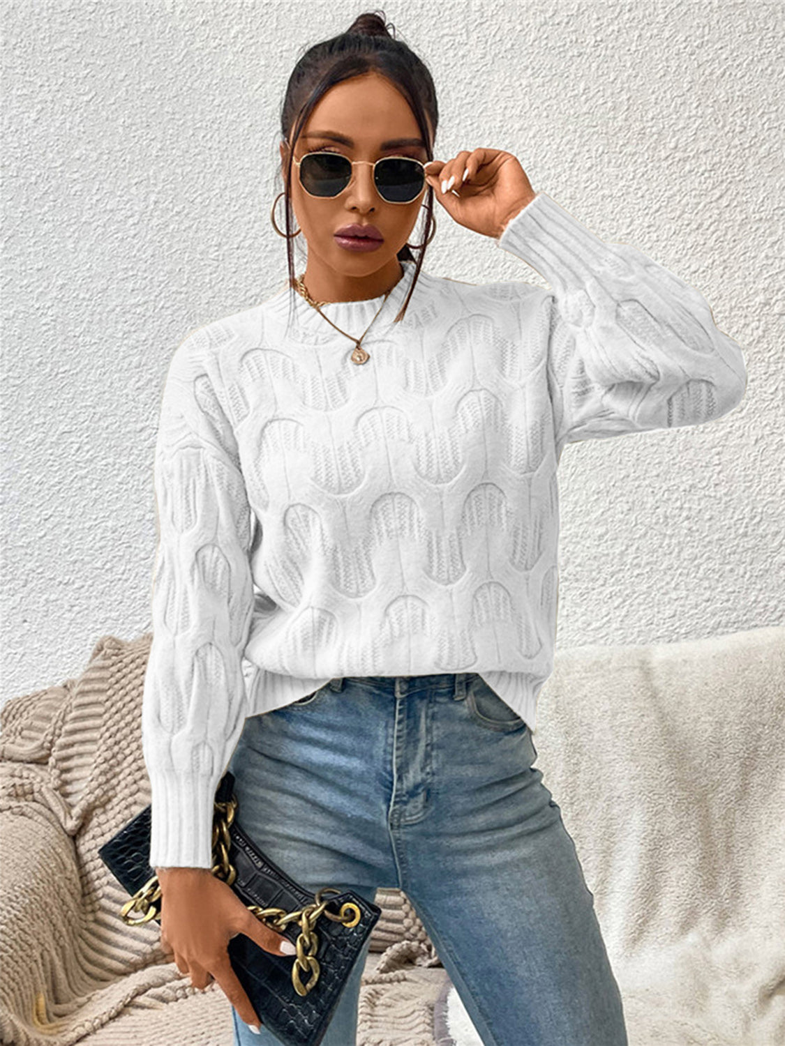 Round Neck Long Sleeve Sweater - The Boutie Shop