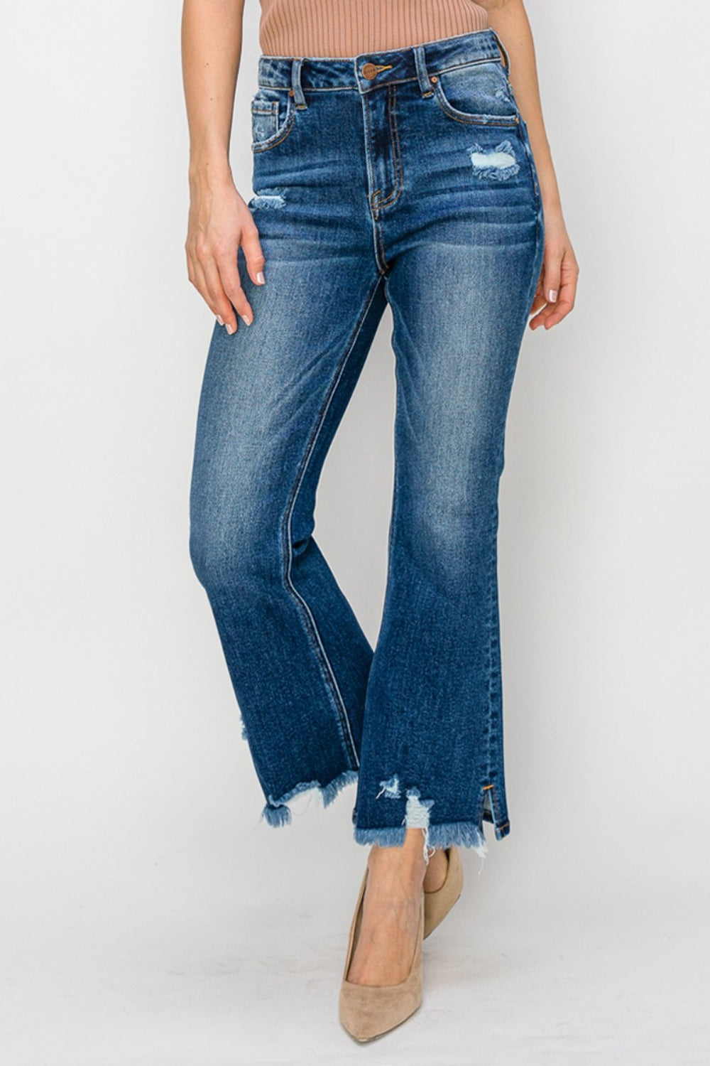 RISEN High Waist Raw Hem Flare Jeans - The Boutie Shop