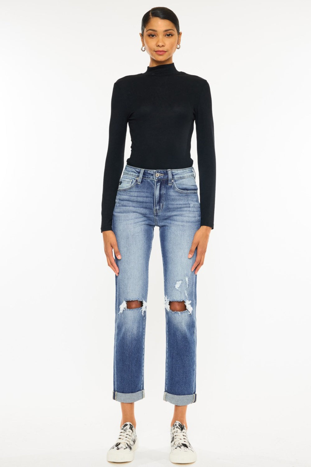 Kancan High Waist Distressed Hem Detail Cropped Straight Jeans - The Boutie Shop