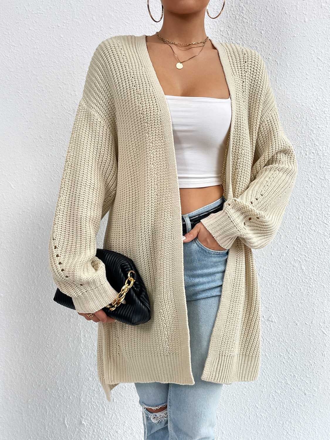 Open Front Dropped Shoulder Slit Cardigan - The Boutie Shop