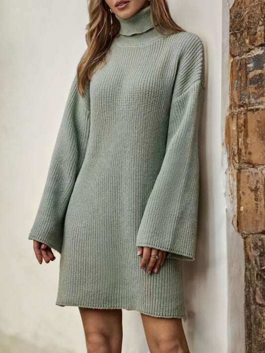 Turtleneck Dropped Shoulder Sweater Dress - The Boutie Shop