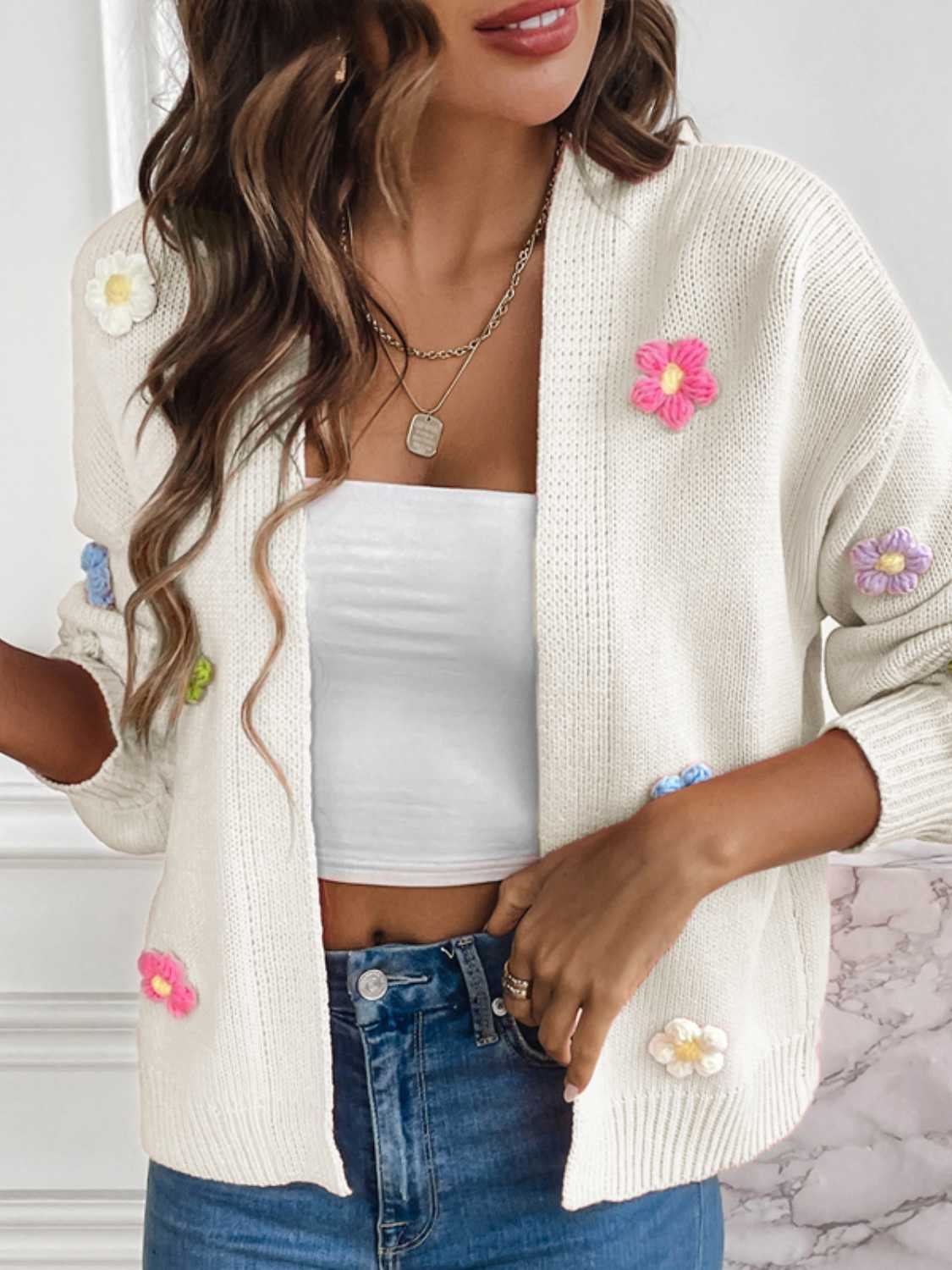 Floral Long Sleeve Open Front Cardigan - The Boutie Shop