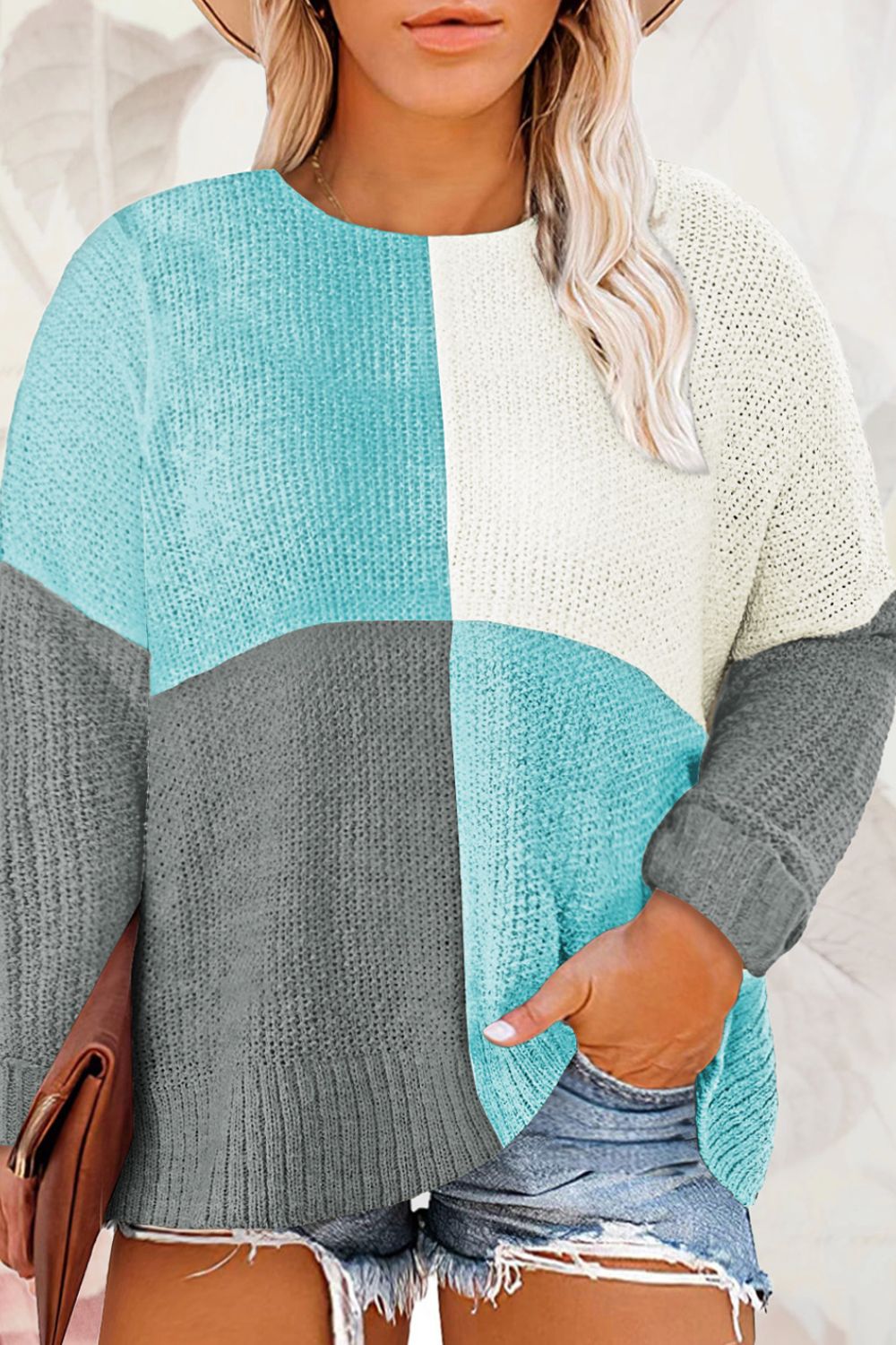 Plus Size Color Block Round Neck Sweater - The Boutie Shop