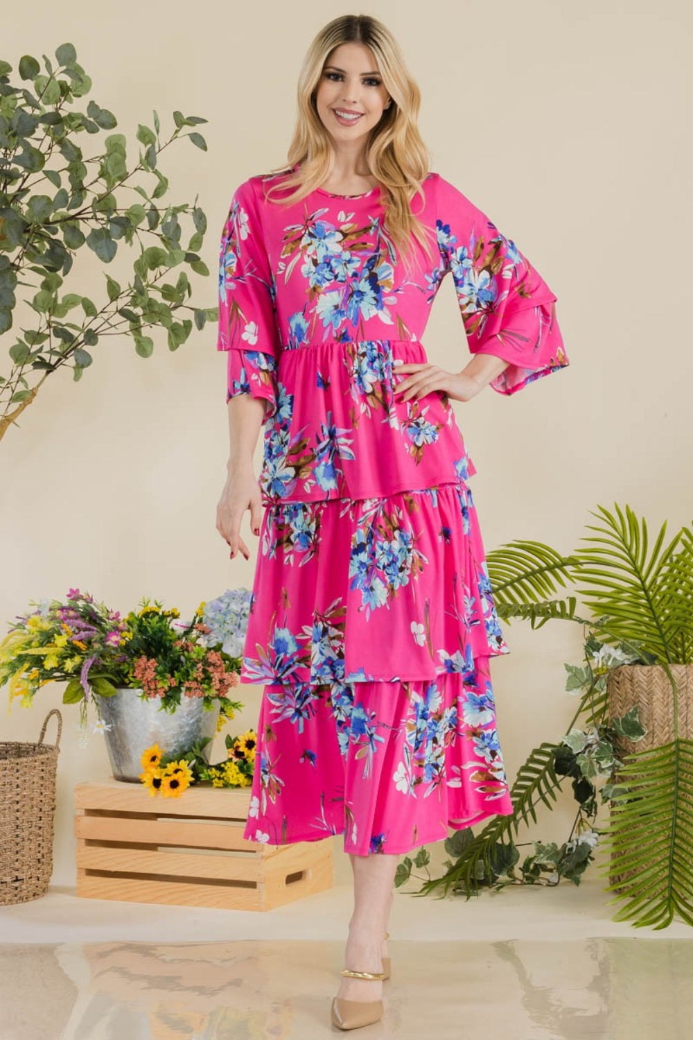 Celeste Full Size Floral Ruffle Tiered Midi Dress - The Boutie Shop