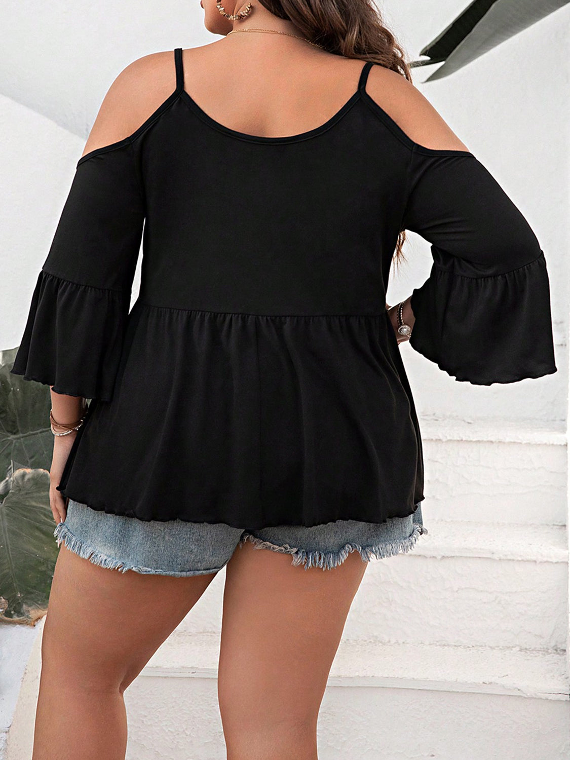 Plus Size Cold Shoulder Flounce Sleeve Blouse - The Boutie Shop