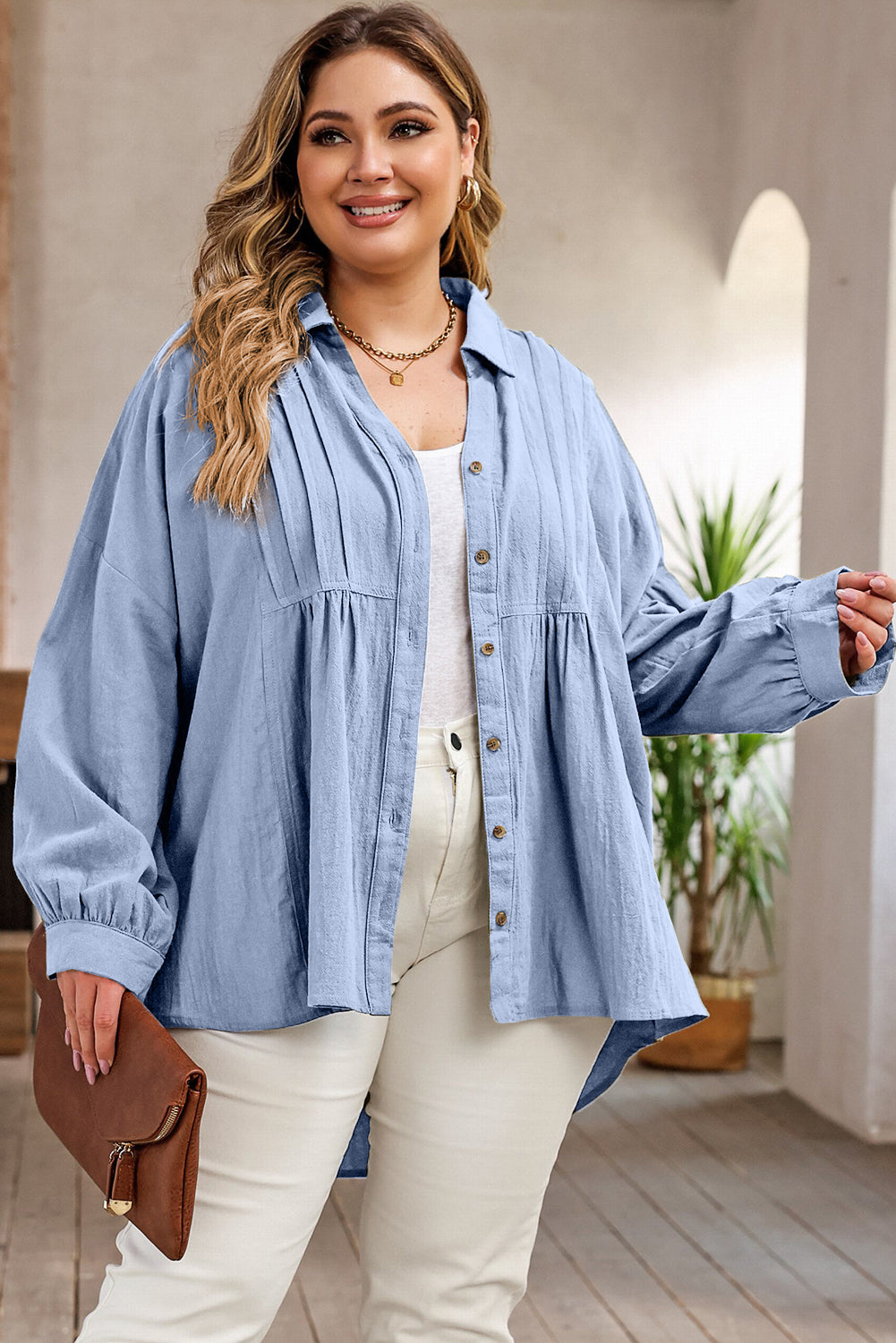 Plus Size High-Low Button Up Dropped Shoulder Shirt - The Boutie Shop