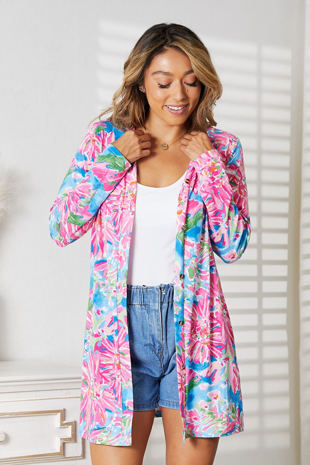 Double Take Floral Open Front Long Sleeve Cardigan - The Boutie Shop