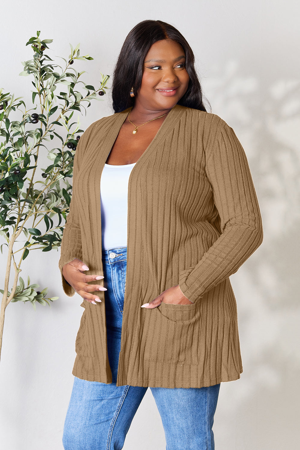 Basic Bae Full Size Ribbed Open Front Cardigan with Pockets - The Boutie Shop