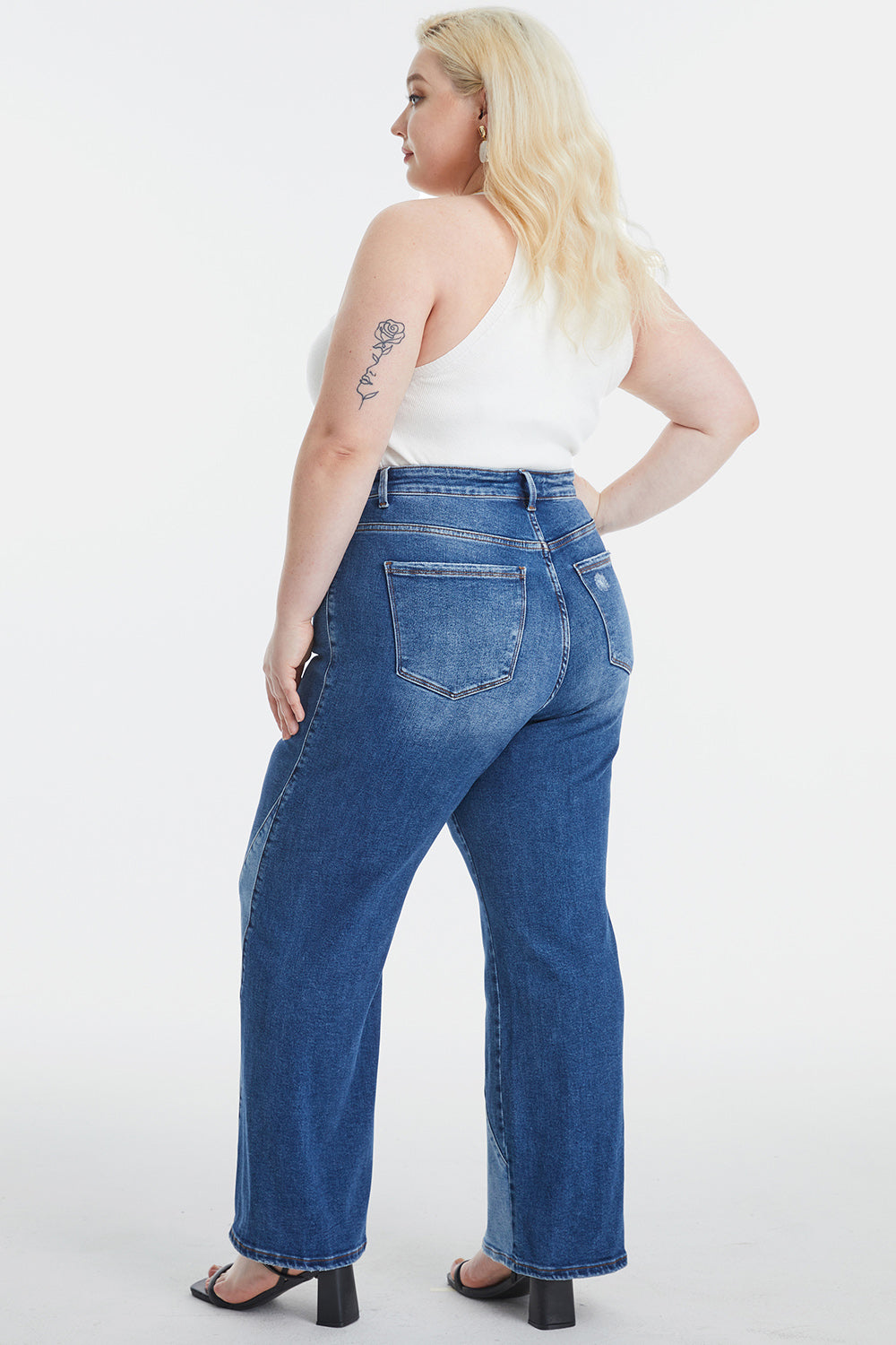 BAYEAS Full Size High Waist Two-Tones Patched Wide Leg Jeans - The Boutie Shop