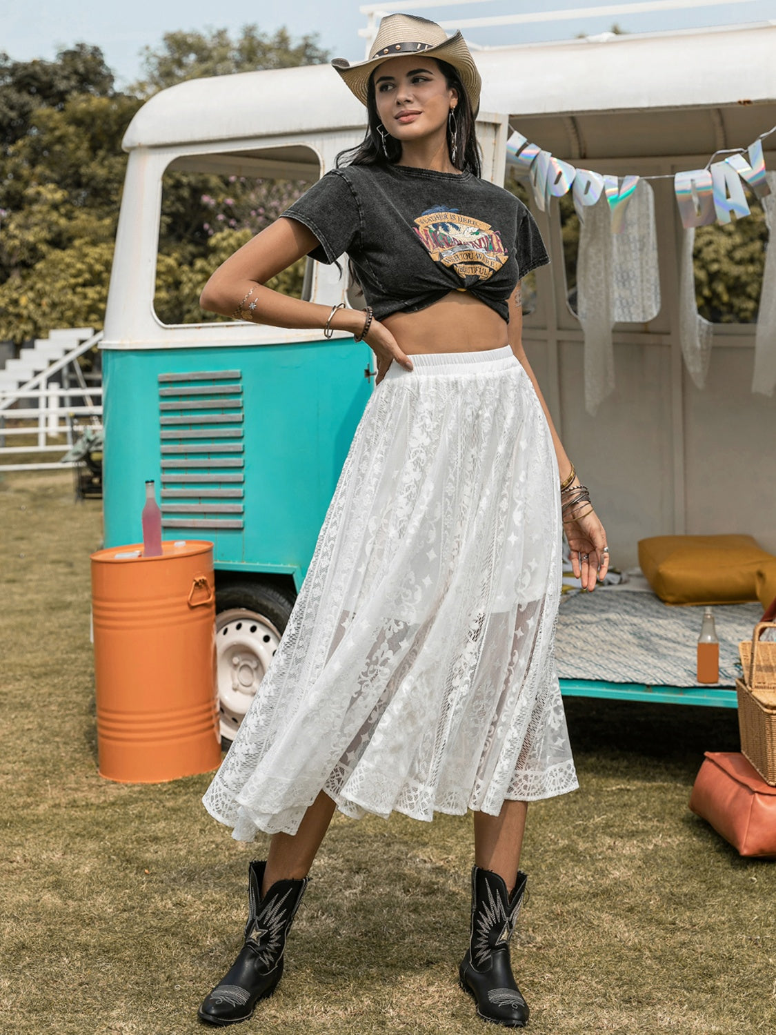 Embroidered Elastic Waist Skirt - The Boutie Shop